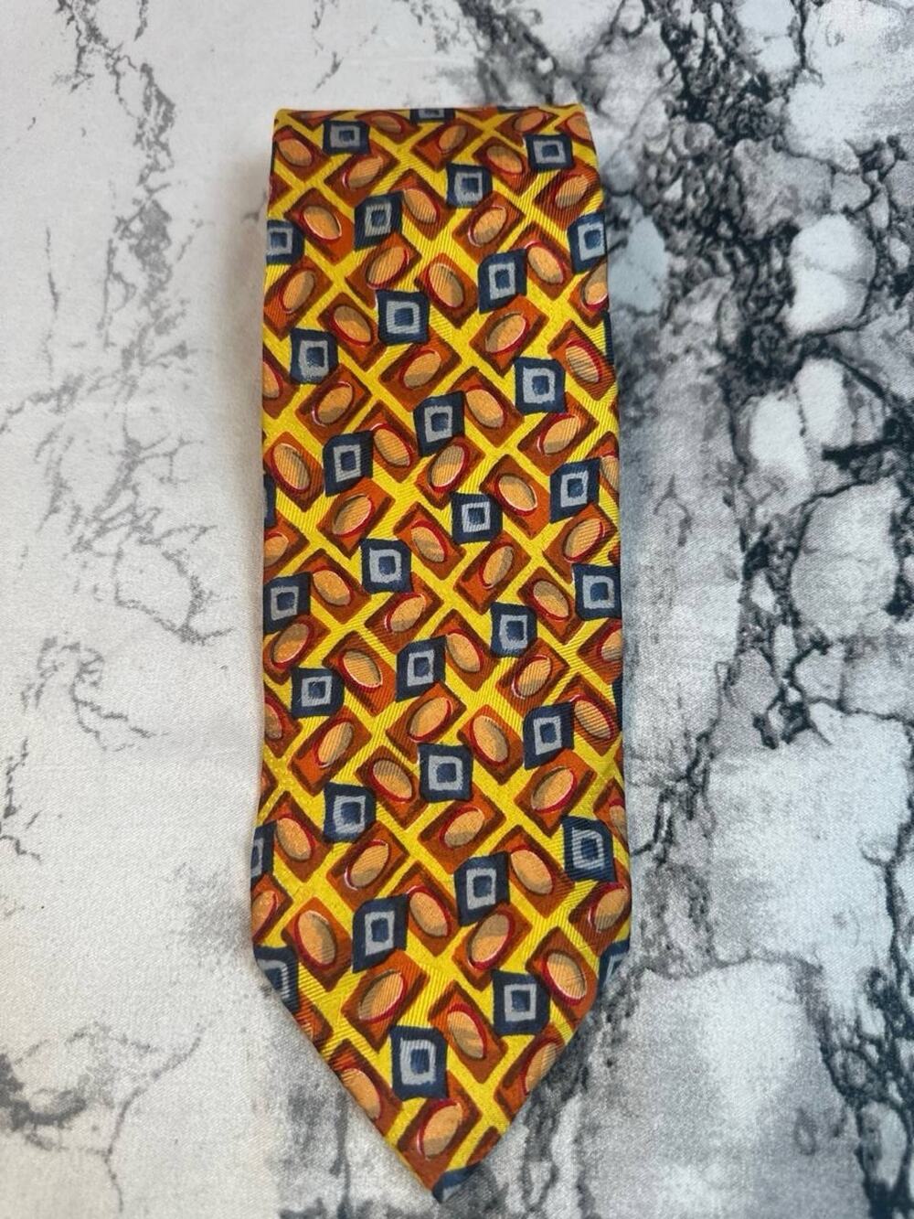 Vintage Ermenegildo Zegna Silk Tie Yellow Orange Blue Geometric Pattern Italy